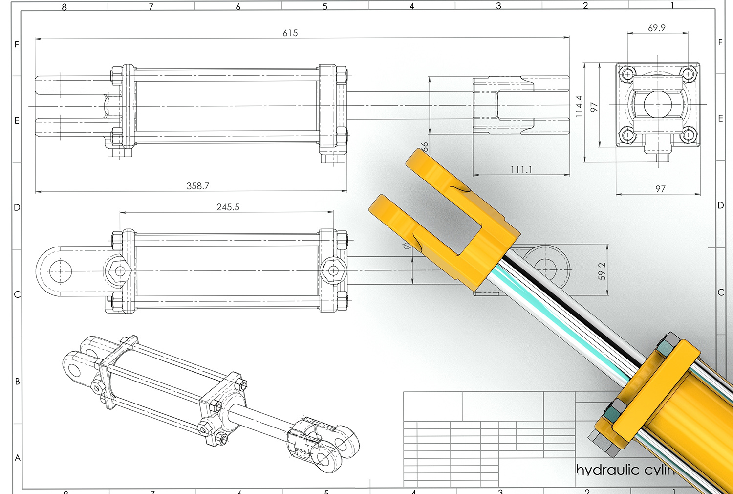 Hydraulisylinterin 3D malli ja piirustus, valmistus asiakkaan tarpeiden mukaisesti myös yksittäiset sylinterit